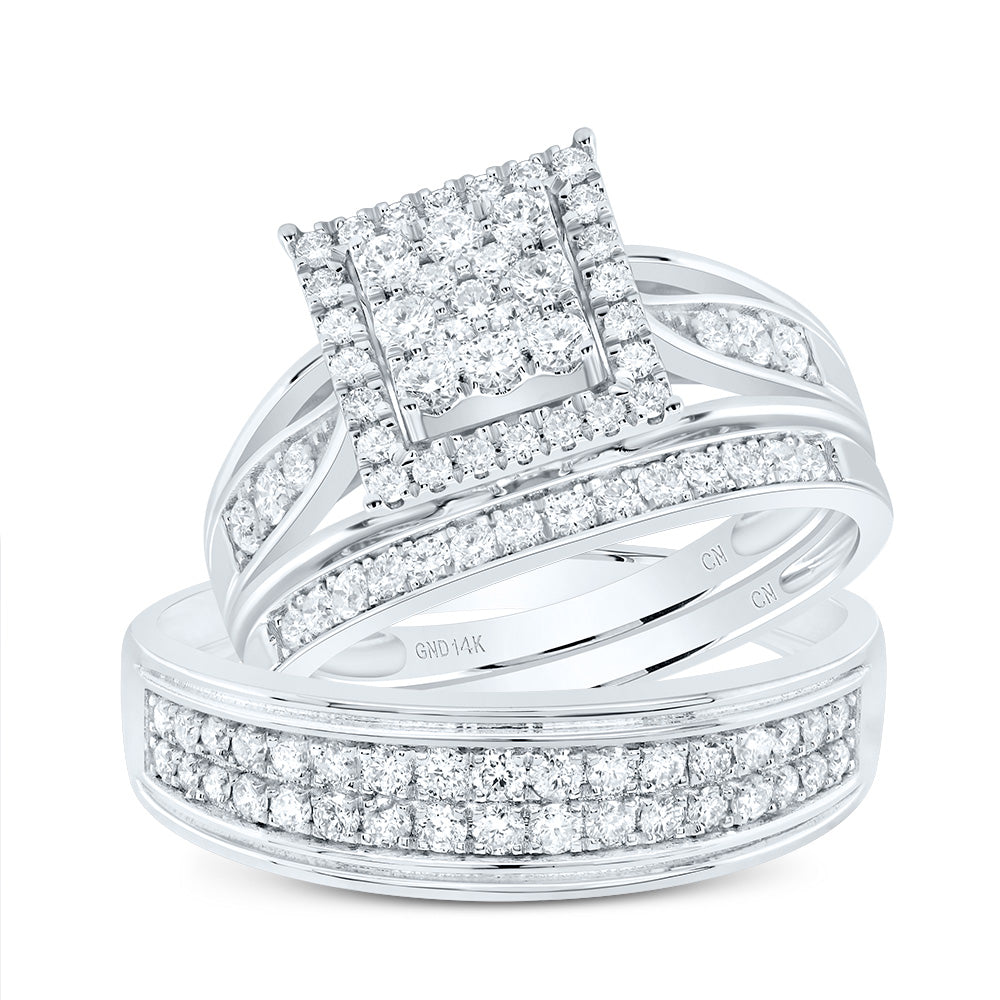 14kt White Gold His & Hers 1 Cttw Diamond Square Bridal Wedding Ring Band Set, Women Size: 5-9, Men Size: 8-12