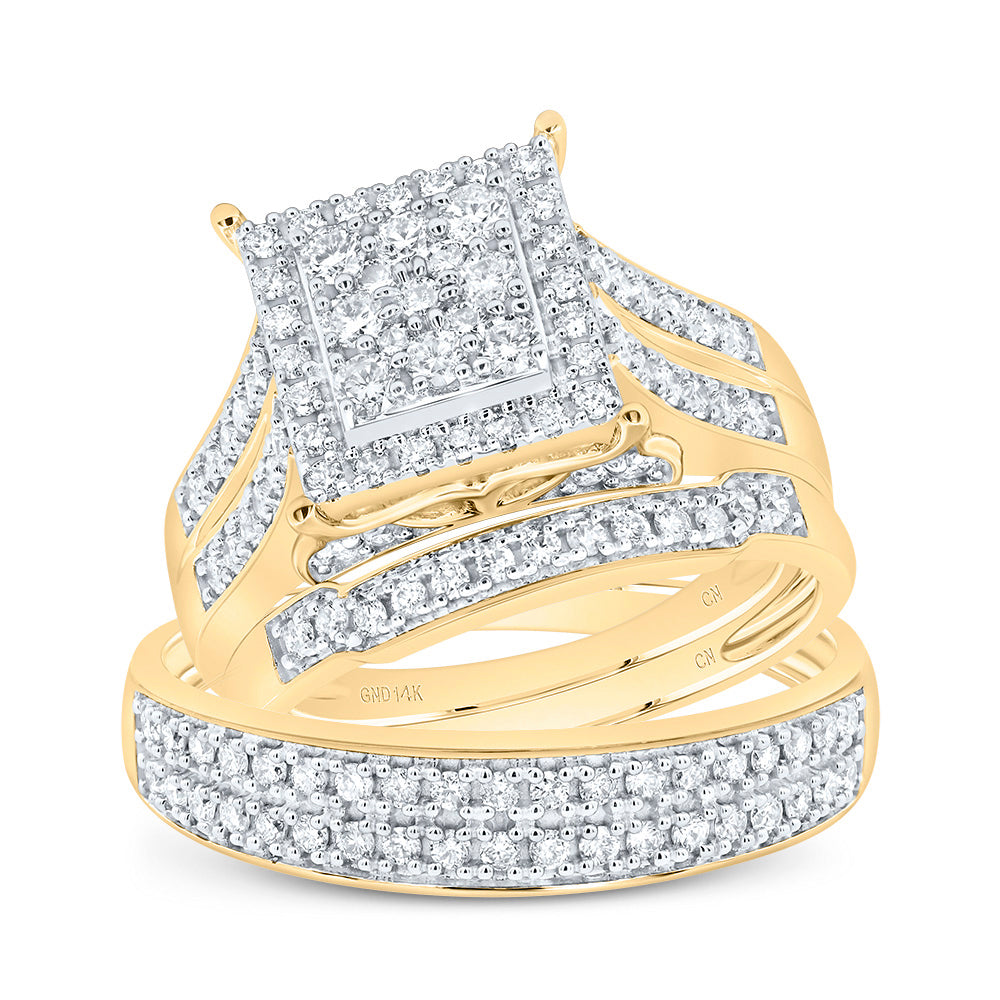14kt Yellow Gold His & Hers 1 1/3 Cttw Diamond Square Bridal Wedding Ring Band Set, Women Size: 5-9, Men Size: 8-12