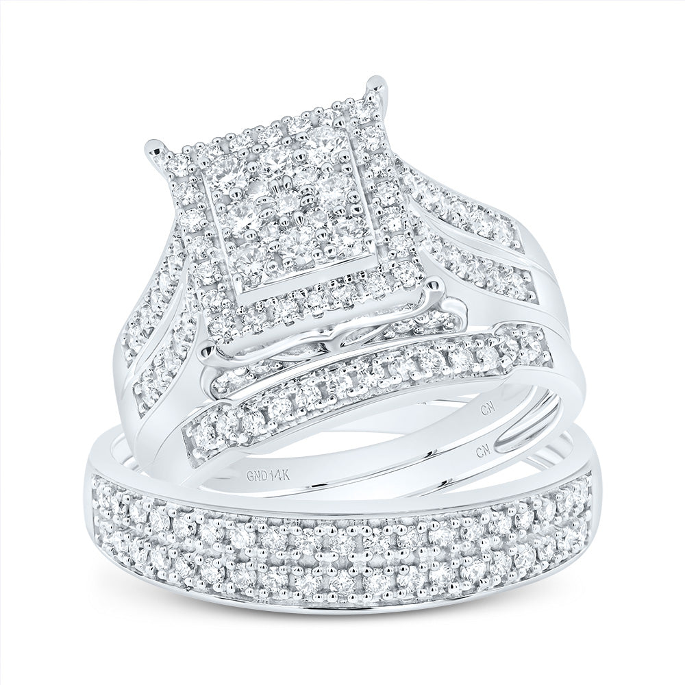 14kt White Gold His & Hers 1 1/3 Cttw Diamond Square Bridal Wedding Ring Band Set, Women Size: 5-9, Men Size: 8-12