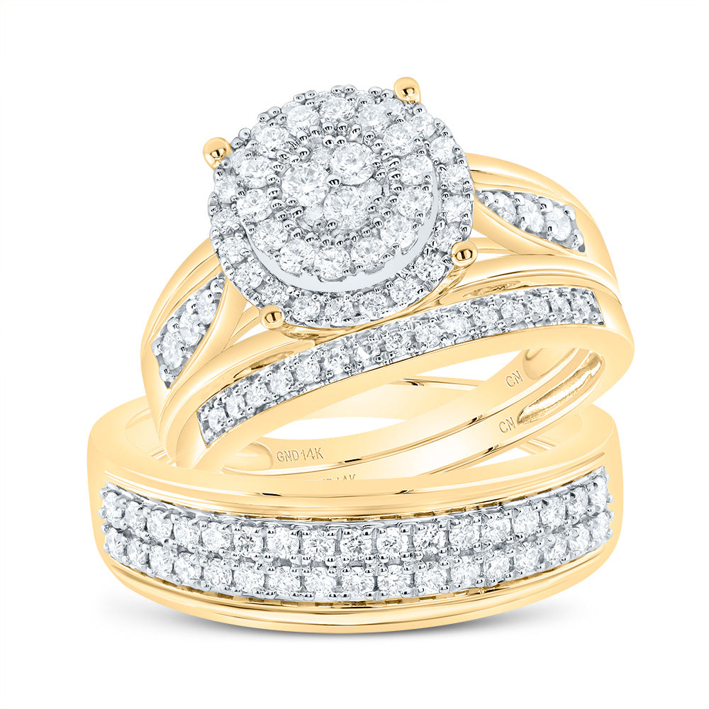 14kt Yellow Gold His & Hers 1 Cttw Diamond Round Bridal Wedding Ring Band Set, Women Size: 5-9, Men Size: 8-12