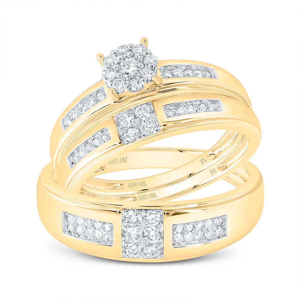 10kt Yellow Gold His & Hers 1/2 Cttw Diamond Round Bridal Wedding Ring Band Set, Women Size: 5-9, Men Size: 8-12