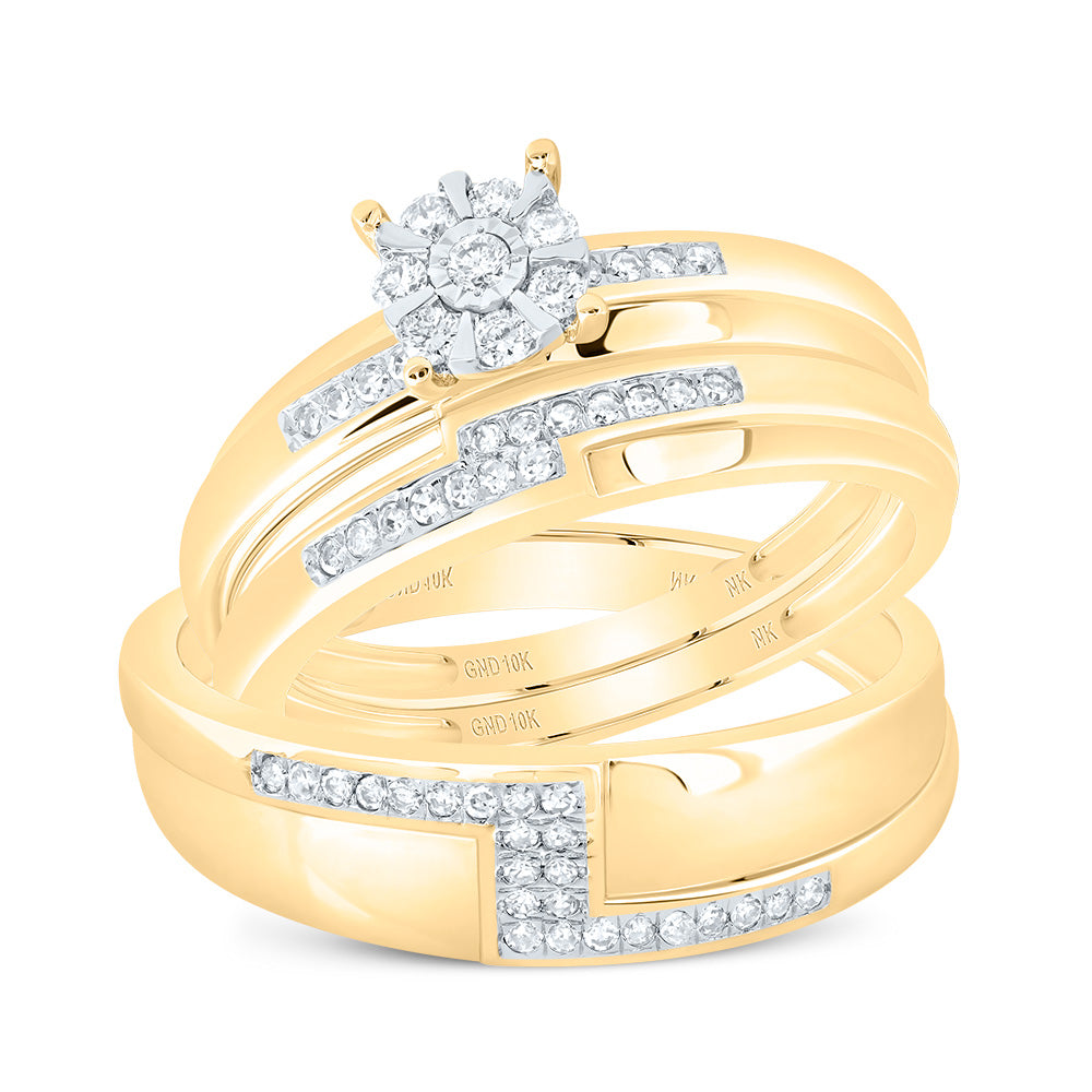10kt Yellow Gold His & Hers 1/3 Cttw Diamond Round Bridal Wedding Ring Band Set, Women Size: 5-9, Men Size: 8-12