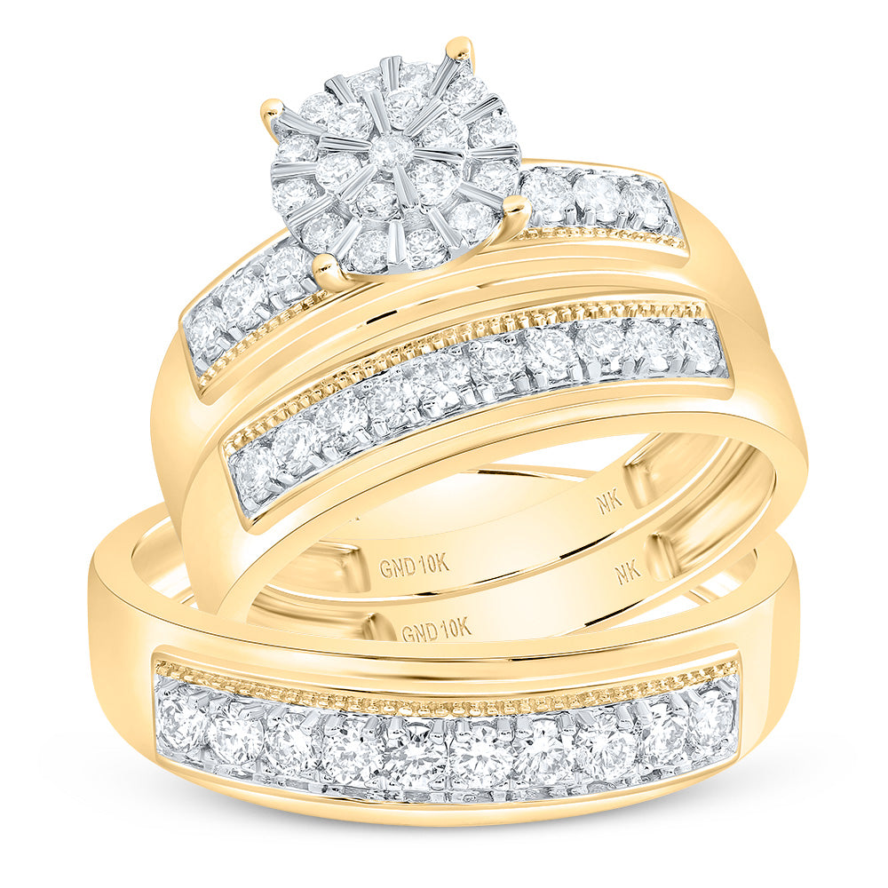 10kt Yellow Gold His & Hers 7/8 Cttw Diamond Round Bridal Wedding Ring Band Set, Women Size: 5-9, Men Size: 8-12