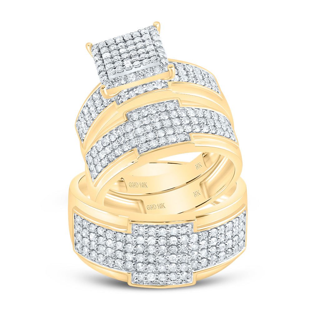 10kt Yellow Gold His & Hers 1 1/2 Cttw Diamond Square Bridal Wedding Ring Band Set, Women Size: 5-9, Men Size: 8-12