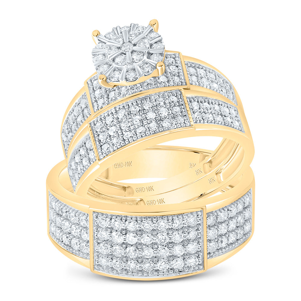 10kt Yellow Gold His & Hers 1 1/4 Cttw Diamond Round Bridal Wedding Ring Band Set, Women Size: 5-9, Men Size: 8-12