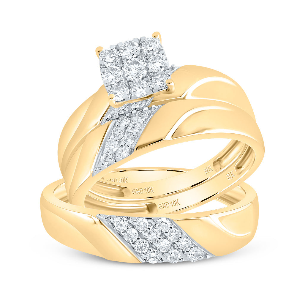 10kt Yellow Gold His & Hers 5/8 Cttw Diamond Square Bridal Wedding Ring Band Set, Women Size: 5-9, Men Size: 8-12