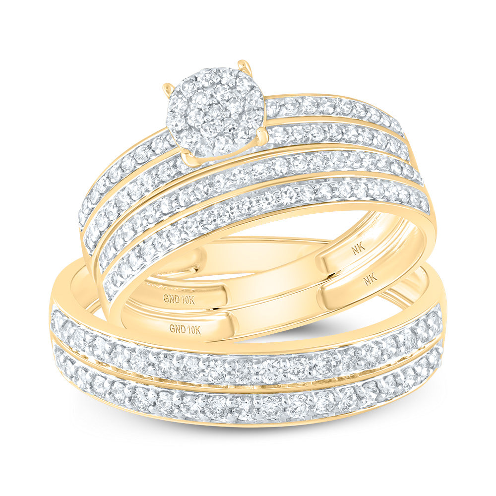 10kt Yellow Gold His & Hers 1 Cttw Diamond Round Bridal Wedding Ring Band Set, Women Size: 5-9, Men Size: 8-12