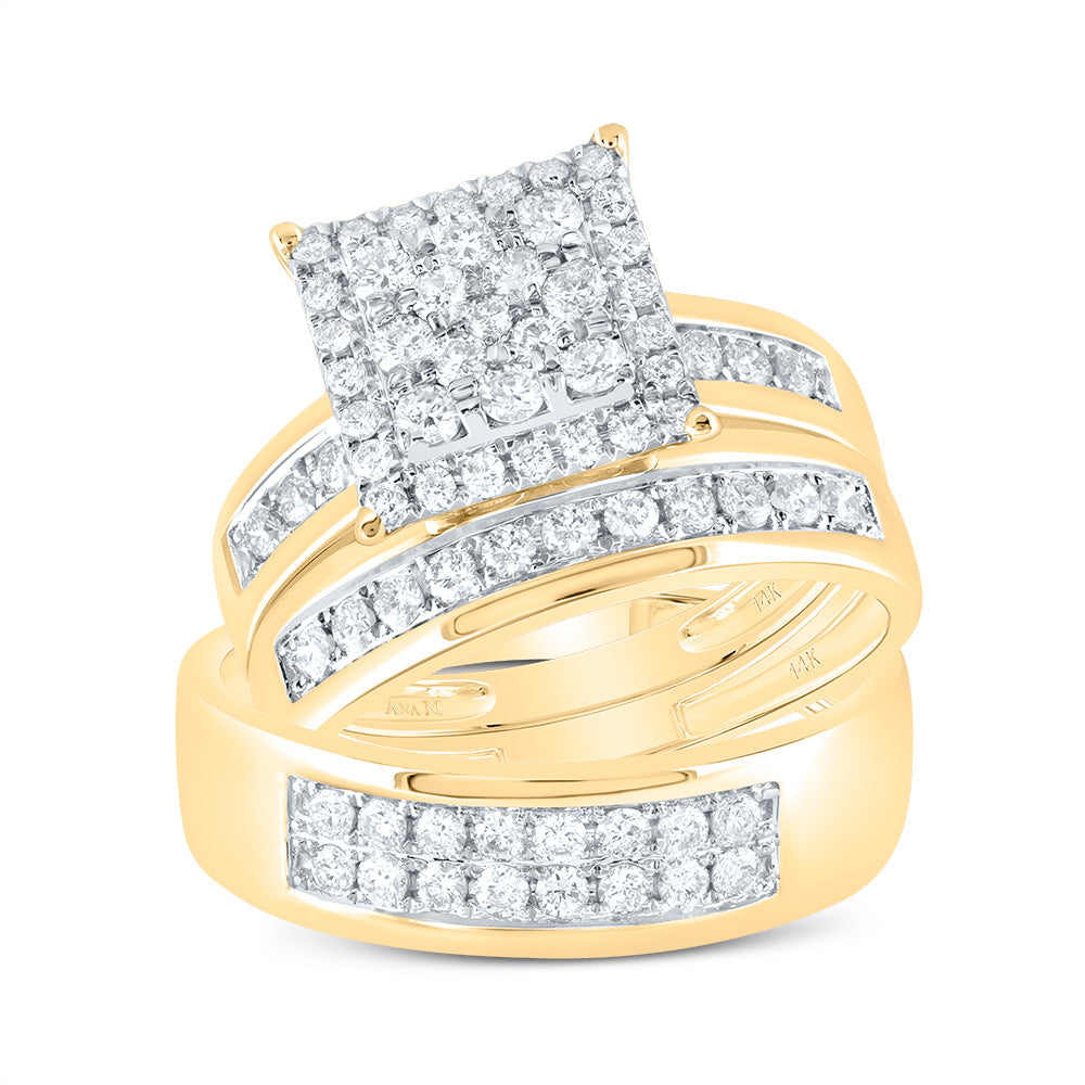 14kt Yellow Gold His & Hers 1 Cttw Diamond Ana M Square Bridal Wedding Ring Band Set, Women Size: 5-9, Men Size: 8-12