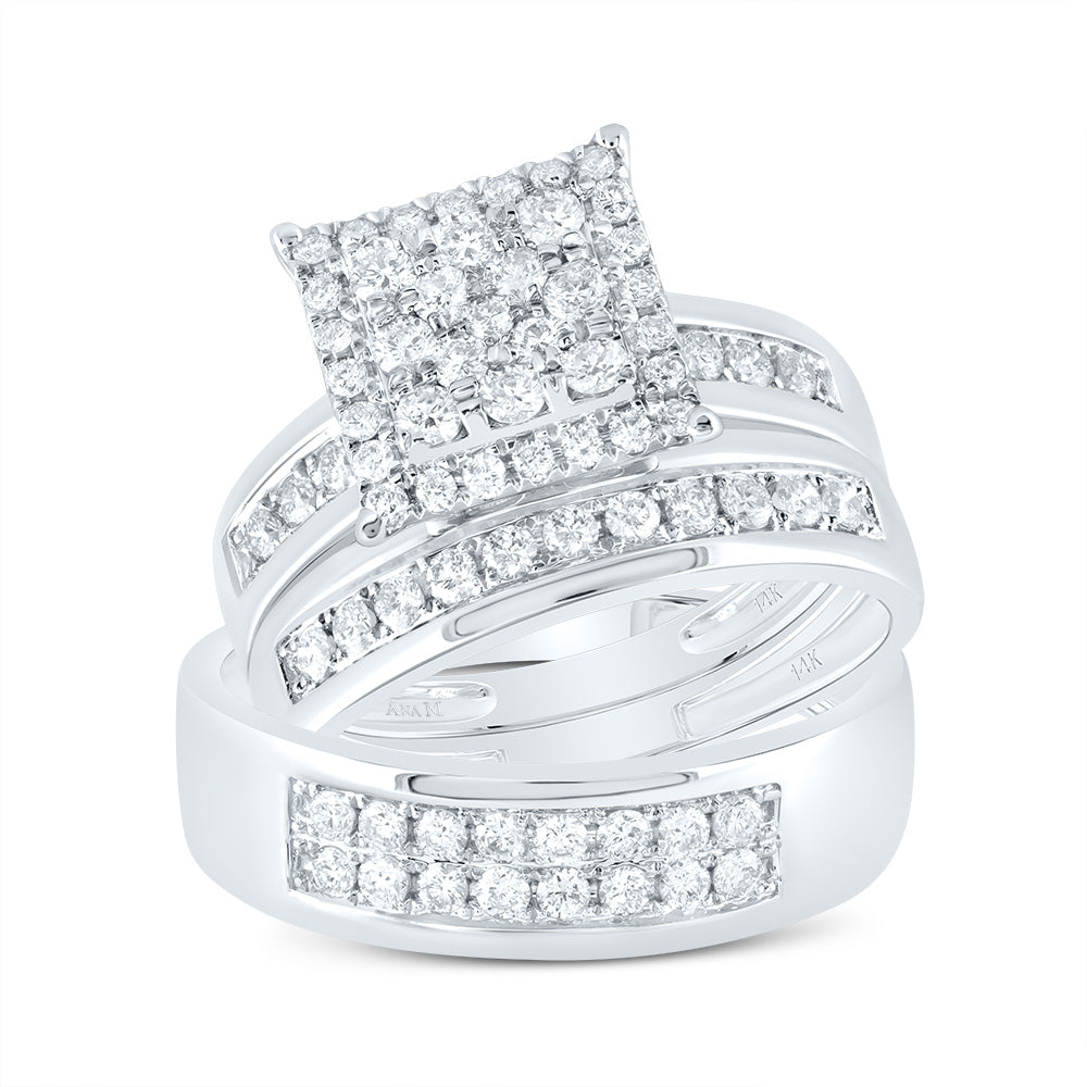 14kt White Gold His & Hers 1 Cttw Diamond Ana M Square Bridal Wedding Ring Band Set, Women Size: 5-9, Men Size: 8-12