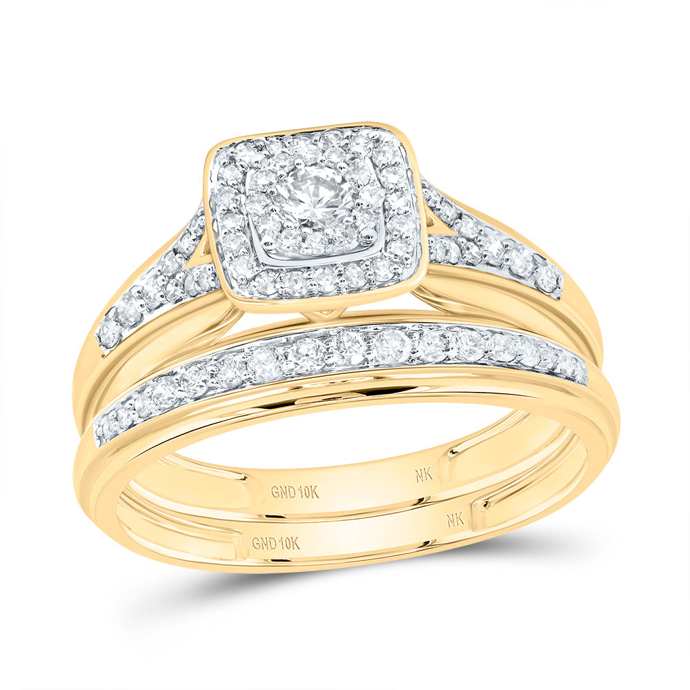 10kt Yellow Gold His & Hers 7/8 Cttw Natural Diamond Square Bridal Wedding Ring Band Set, Women Size: 5-9, Men Size: 8-12