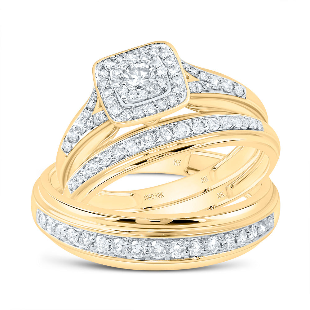 10kt Yellow Gold His & Hers 7/8 Cttw Natural Diamond Square Bridal Wedding Ring Band Set, Women Size: 5-9, Men Size: 8-12