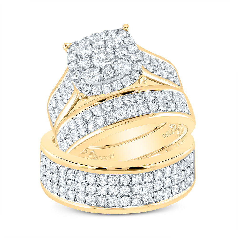 14kt Yellow Gold His & Hers 2 3/8 Cttw Diamond Ana M Cushion Bridal Wedding Ring Band Set, Women Size: 5-9, Men Size: 8-12