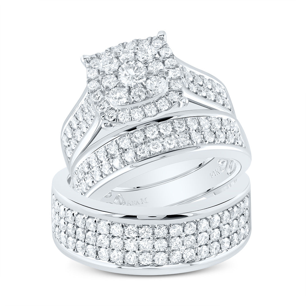 14kt White Gold His & Hers 2 3/8 Cttw Diamond Ana M Cushion Bridal Wedding Ring Band Set, Women Size: 5-9, Men Size: 8-12