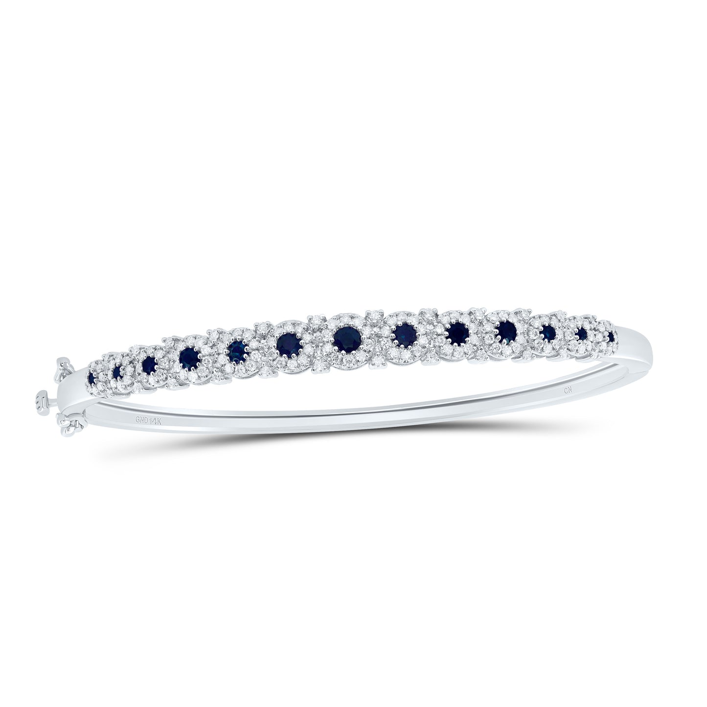14kt White Gold 7/8 Cttw Natural Diamond 3/4 Cttw Round Blue Sapphire Natural Gem Bubble Ladies Bangle(60x50)
