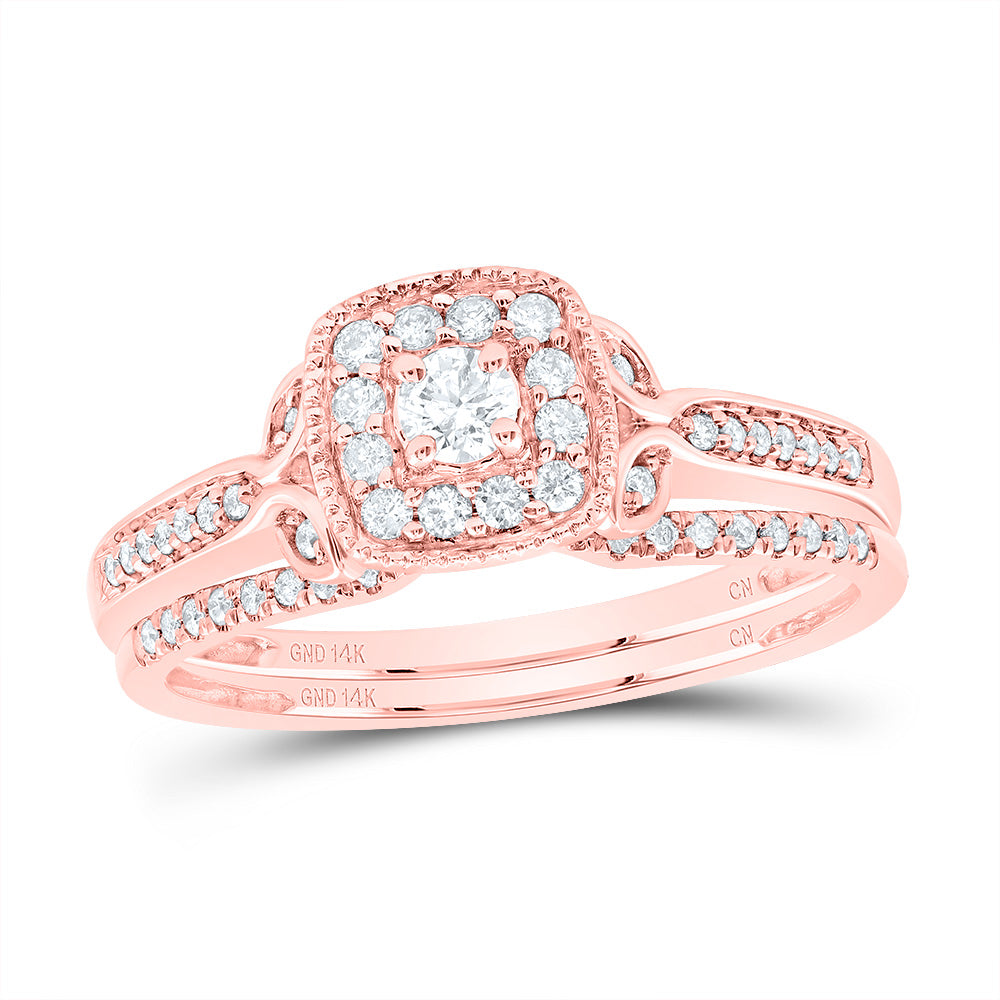 14kt Rose Gold 1/3 Cttw Diamond Cushion Single Halo Wedding Engagement Anniversary Bridal Set, Women Size: 5-9