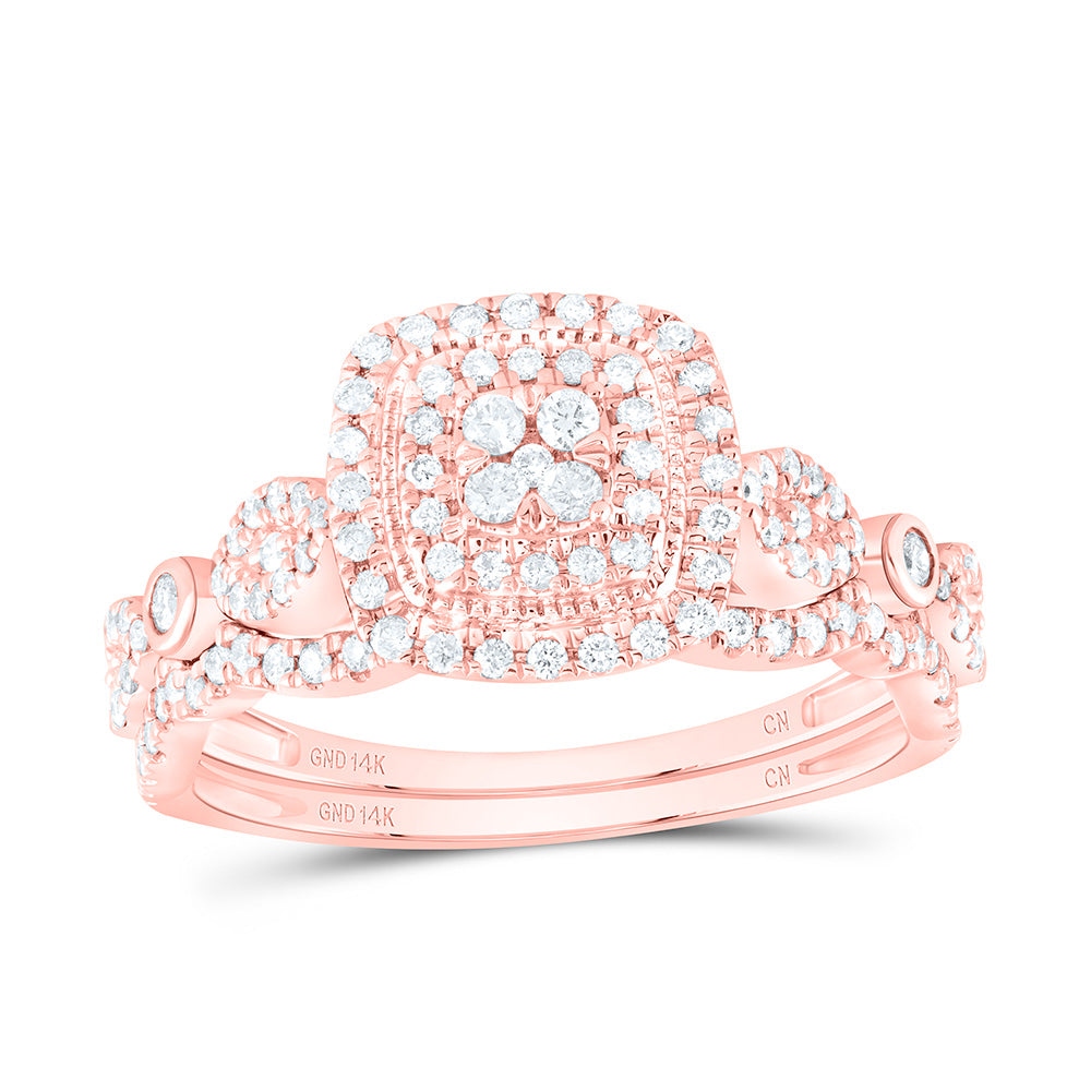 14kt Rose Gold 1/2 Cttw Diamond Cushion Double Halo Wedding Engagement Anniversary Bridal Set, Women Size: 5-9