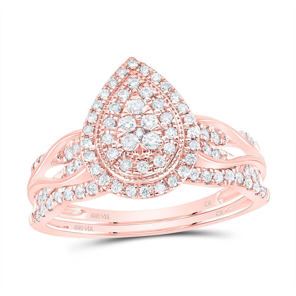 14kt Rose Gold 1/2 Cttw Diamond Pear Double Halo Wedding Engagement Anniversary Bridal Set, Women Size: 5-9