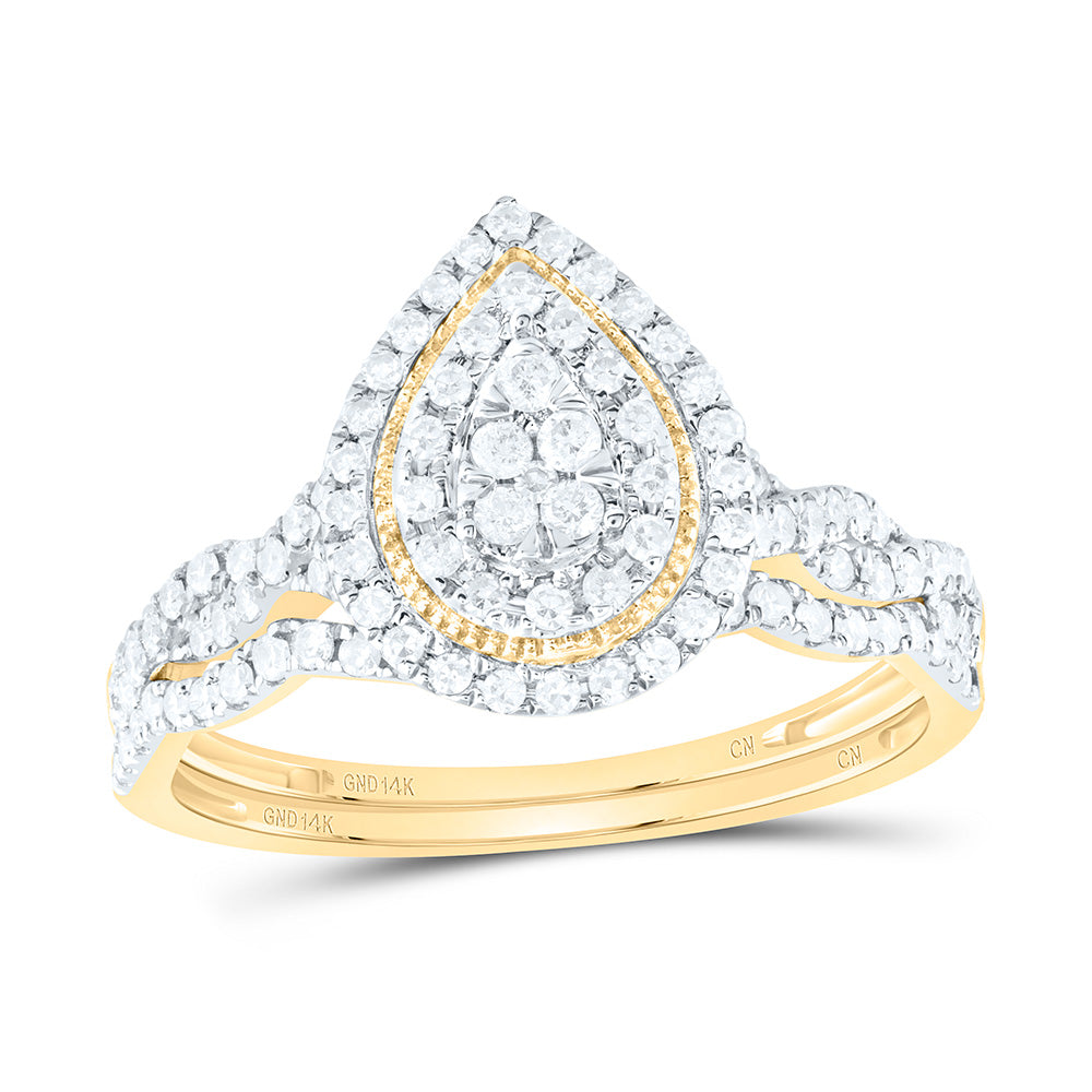 14kt Yellow Gold 1/2 Cttw Natural Diamond Pear Double Halo Wedding Engagement Anniversary Bridal Set, Women Size: 5-9
