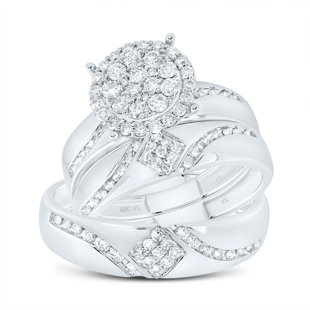 10kt White Gold His & Hers 7/8 Cttw Diamond Round Bridal Wedding Ring Band Set, Women Size: 5-9, Men Size: 8-12