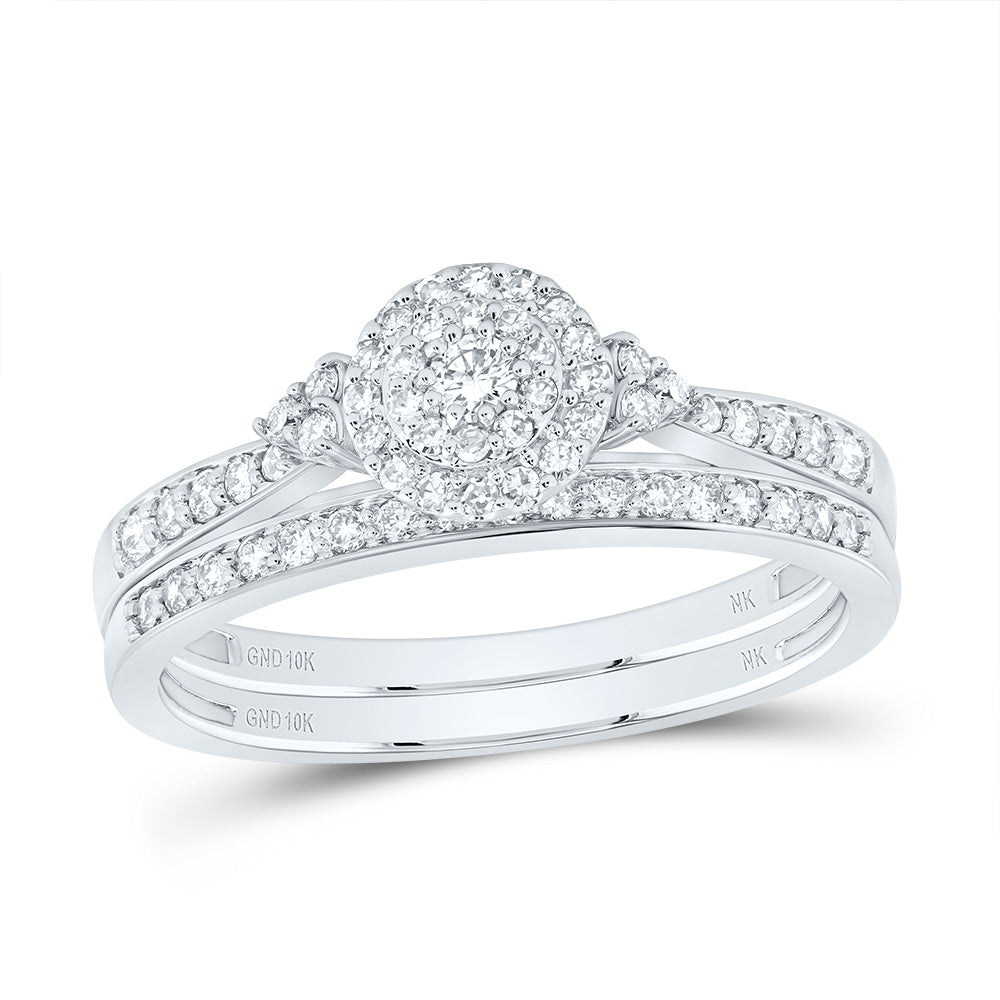 10K White Gold 1/2 Ctw Natural Diamond Round Double Halo Bridal Set, Womens Size: 5-9