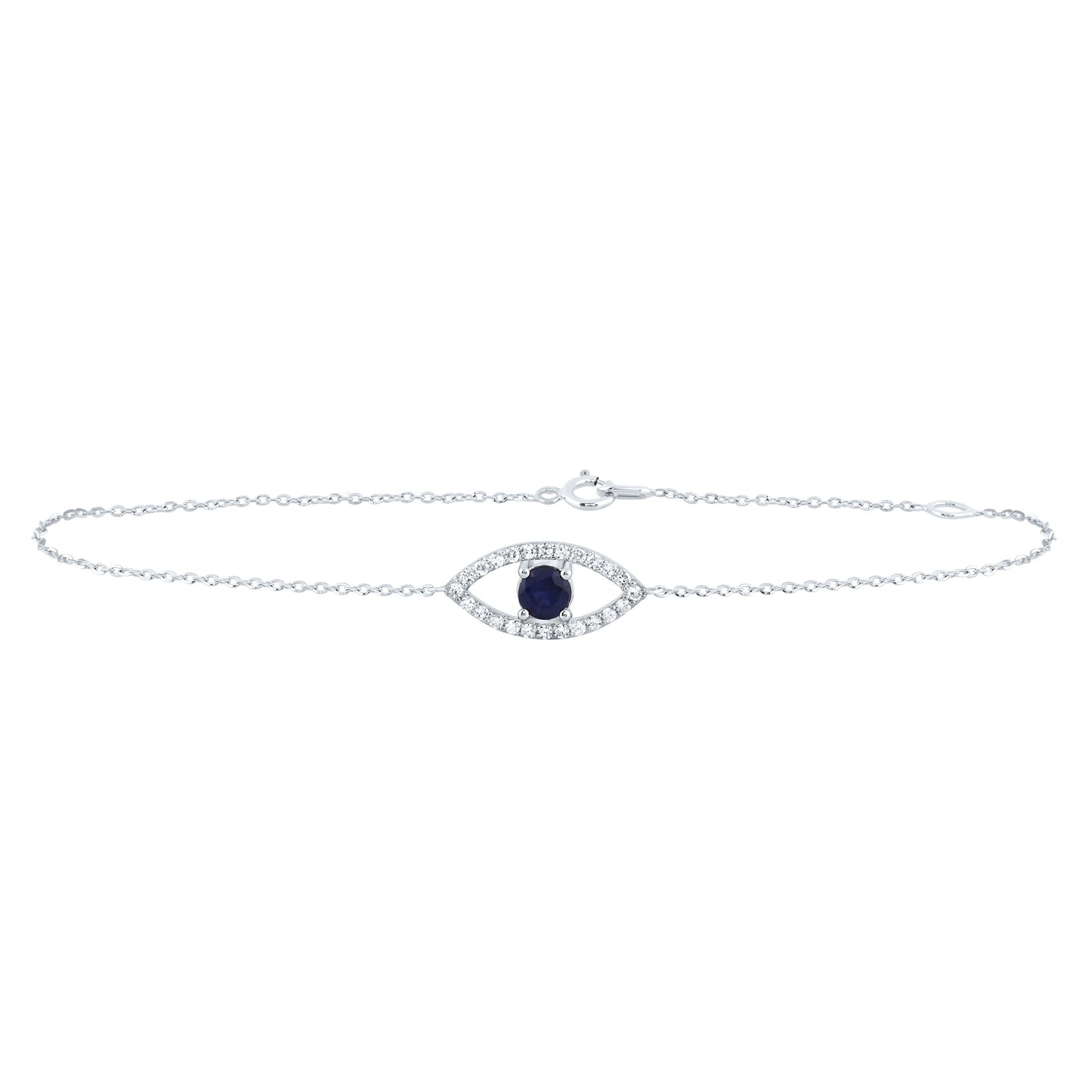 10kt White Gold 1/6 Cttw Diamond 4mm Round Blue Sapphire Natural Gem Evil-eye Bracelet, Length: 7 Inch