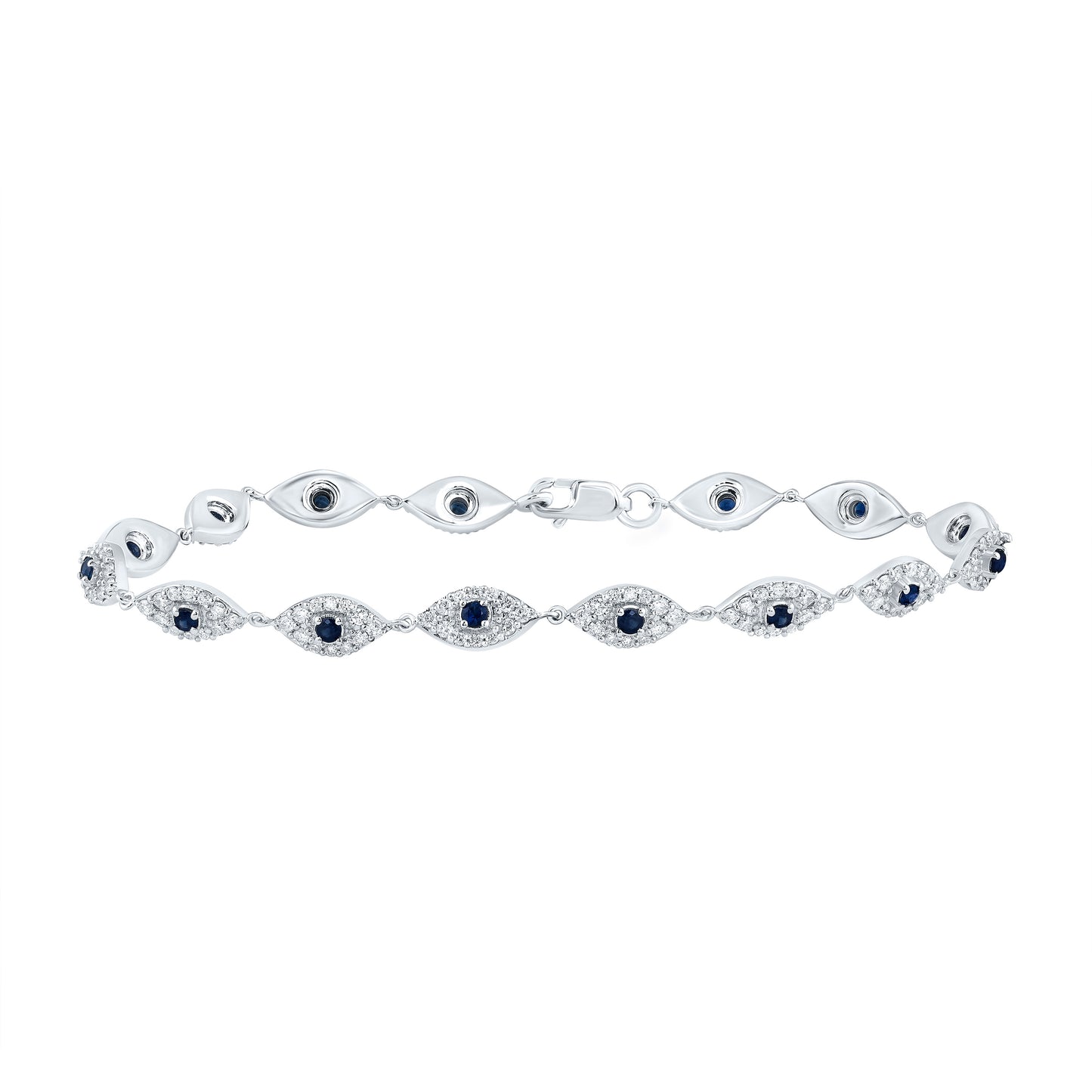10kt White Gold 1 1/4 Cttw Diamond and 1/2 Cttw- Round Blue Sapphire Natural Gem Evil-eye Bracelet, Length: 7 Inch
