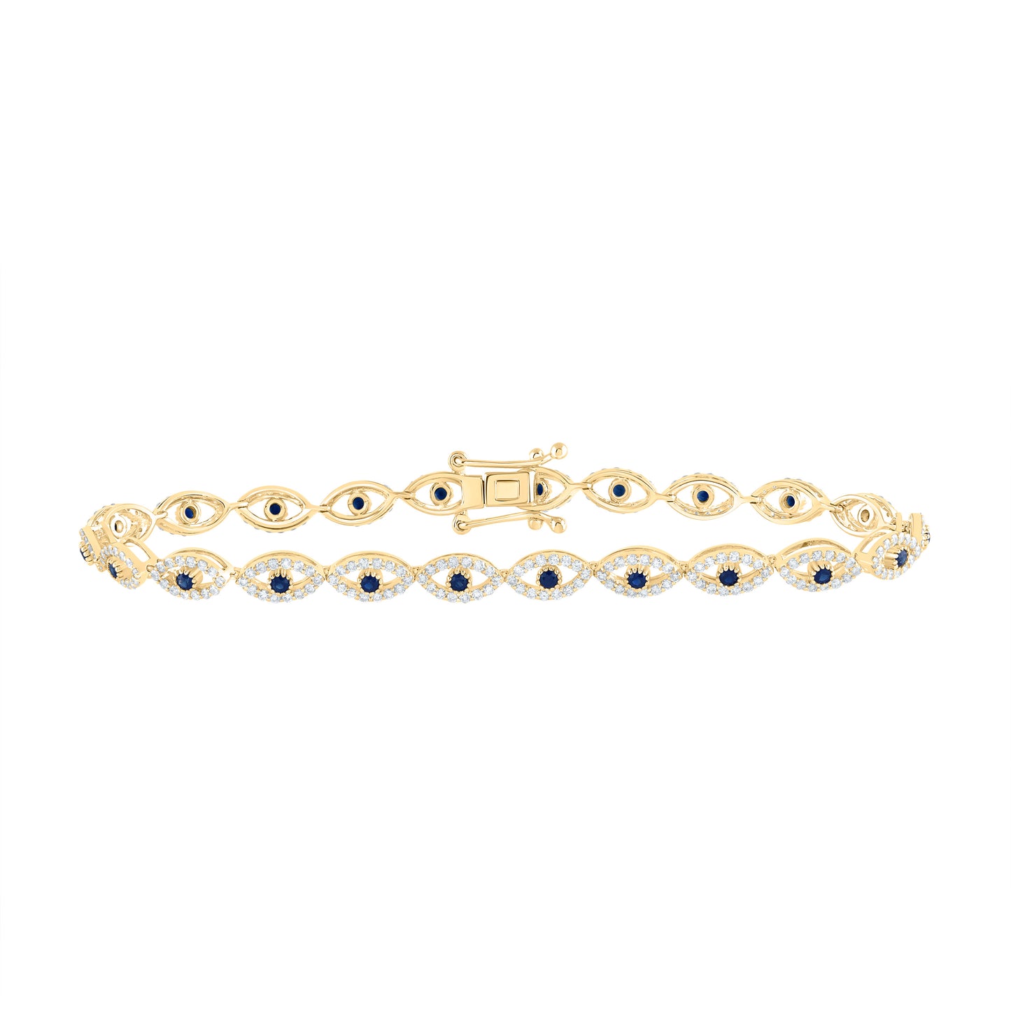 14kt Yellow Gold 1 1/2 Cttw Diamond Ana M 5/8 Cttw Round Blue Sapphire Natural Gem Evil Eye Bracelet, Length: 7 Inch