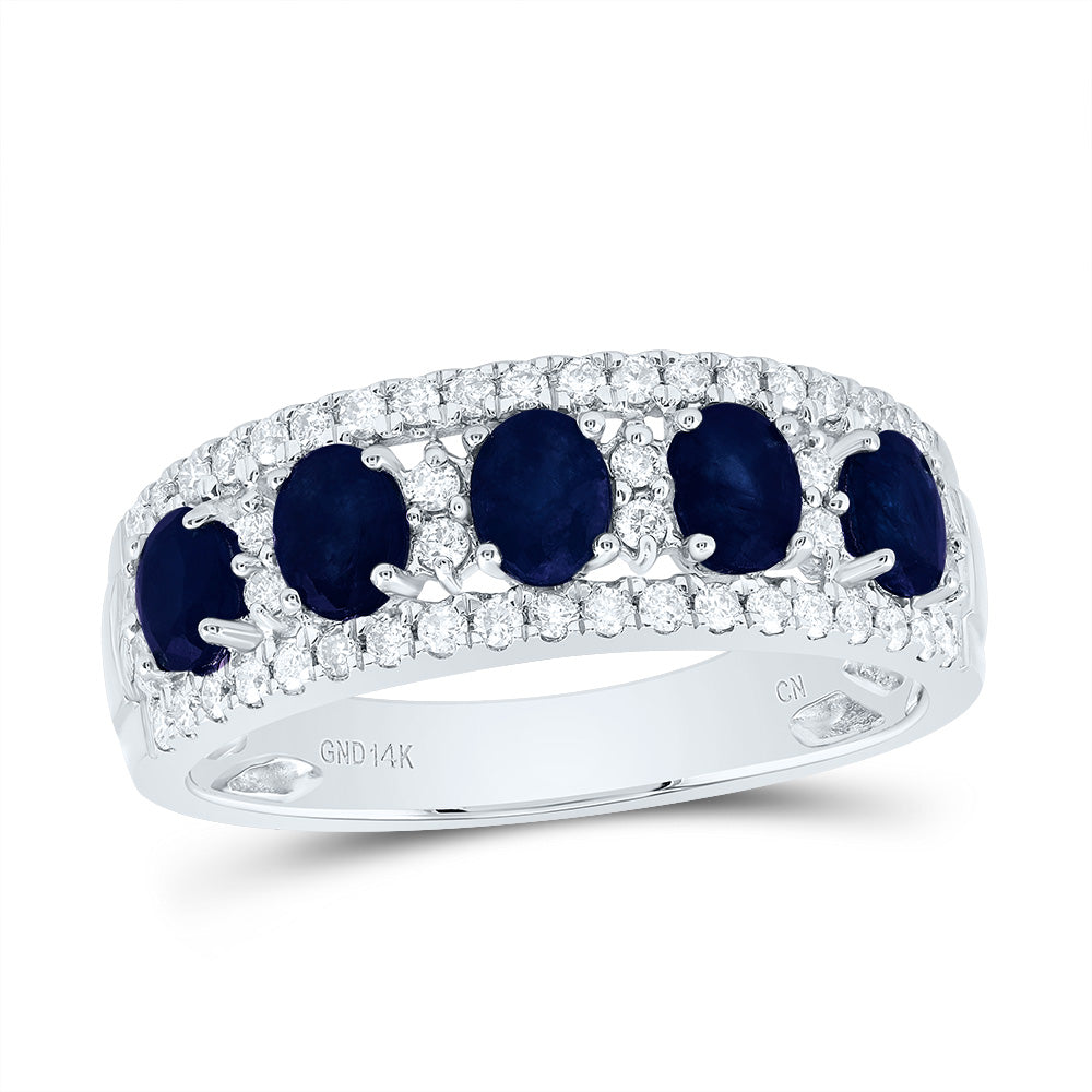 14kt White Gold 1/3 Cttw Diamond and 1 Cttw Oval Blue Sapphire Natural Gem Wedding Engagement Anniversary Band, Women Size: 5-9