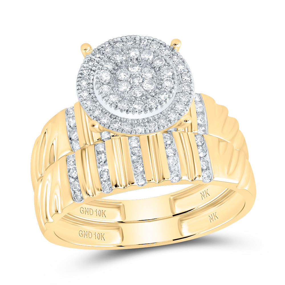 10kt Yellow Gold His & Hers 1/2 Cttw Diamond Round Bridal Wedding Ring Band Set, Women Size: 5-9, Men Size: 8-12