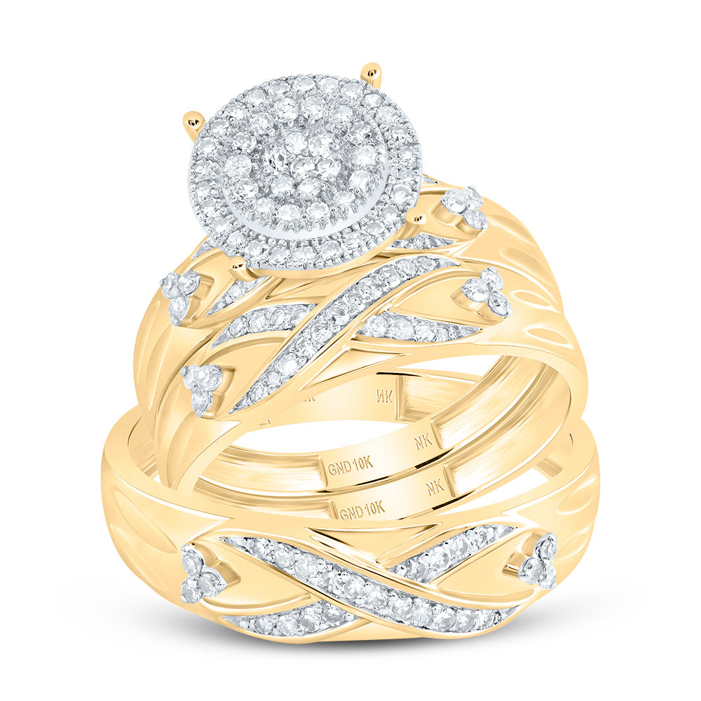 10kt Yellow Gold His & Hers 3/4 Cttw Diamond Round Bridal Wedding Ring Band Set, Women Size: 5-9, Men Size: 8-12
