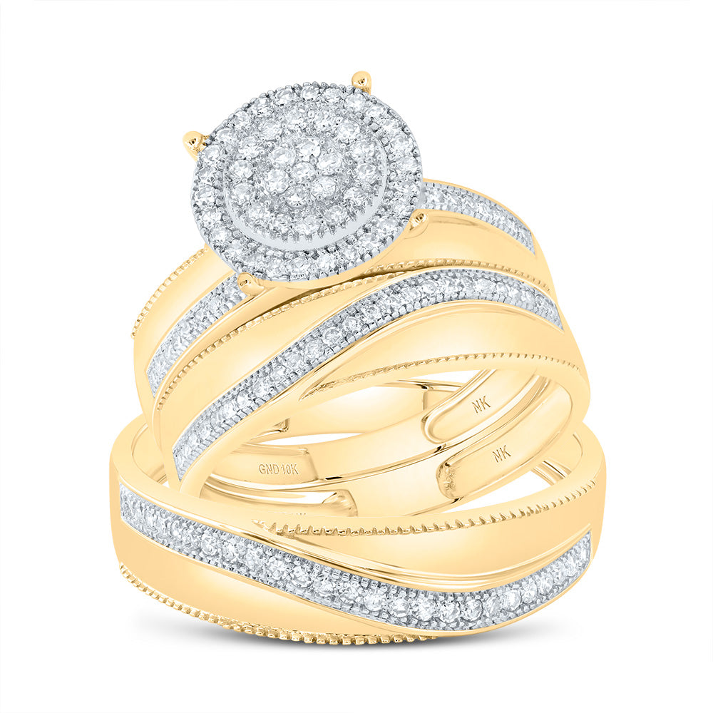 10kt Yellow Gold His & Hers 5/8 Cttw Diamond Round Bridal Wedding Ring Band Set, Women Size: 5-9, Men Size: 8-12