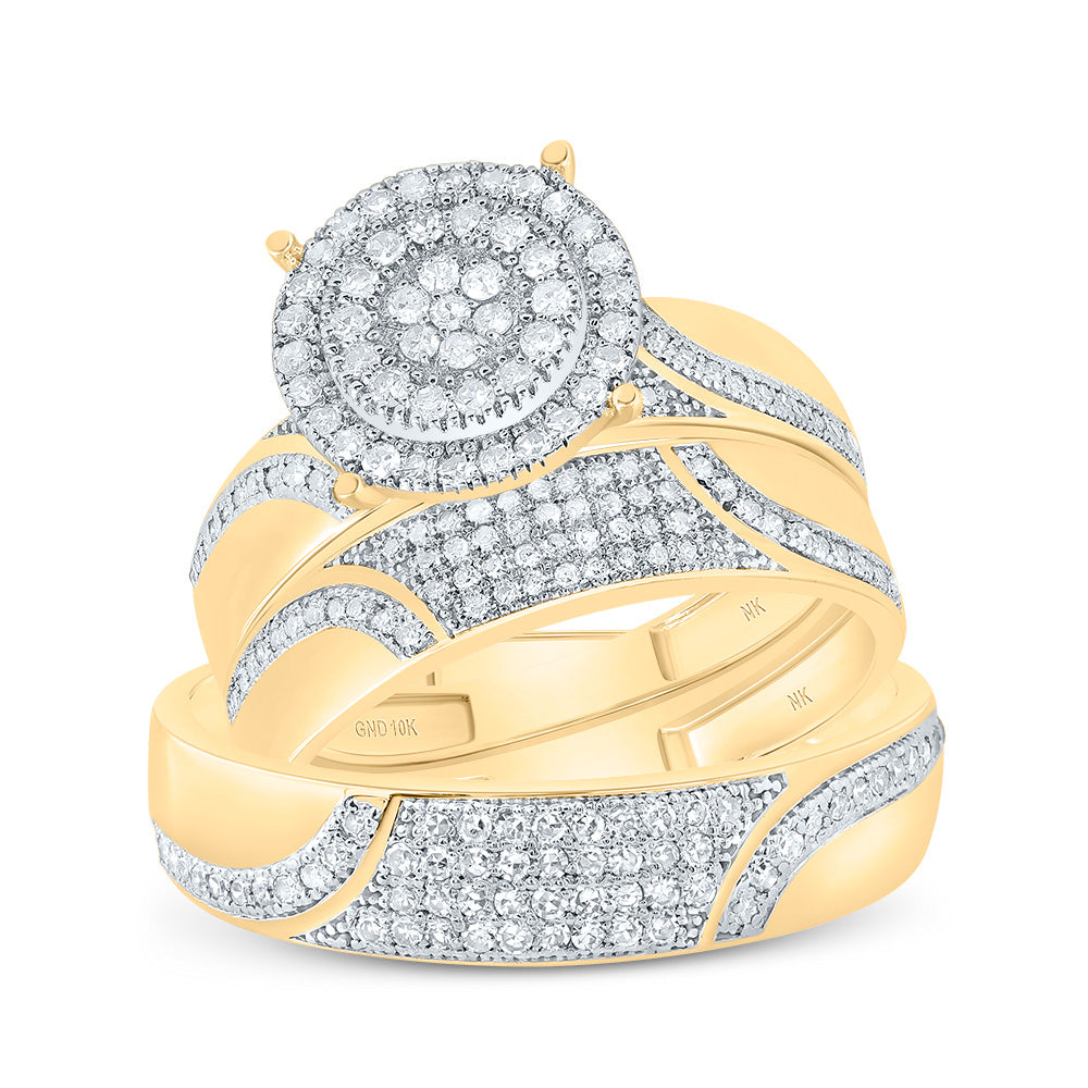 10kt Yellow Gold His & Hers 7/8 Cttw Diamond Round Bridal Wedding Ring Band Set, Women Size: 5-9, Men Size: 8-12