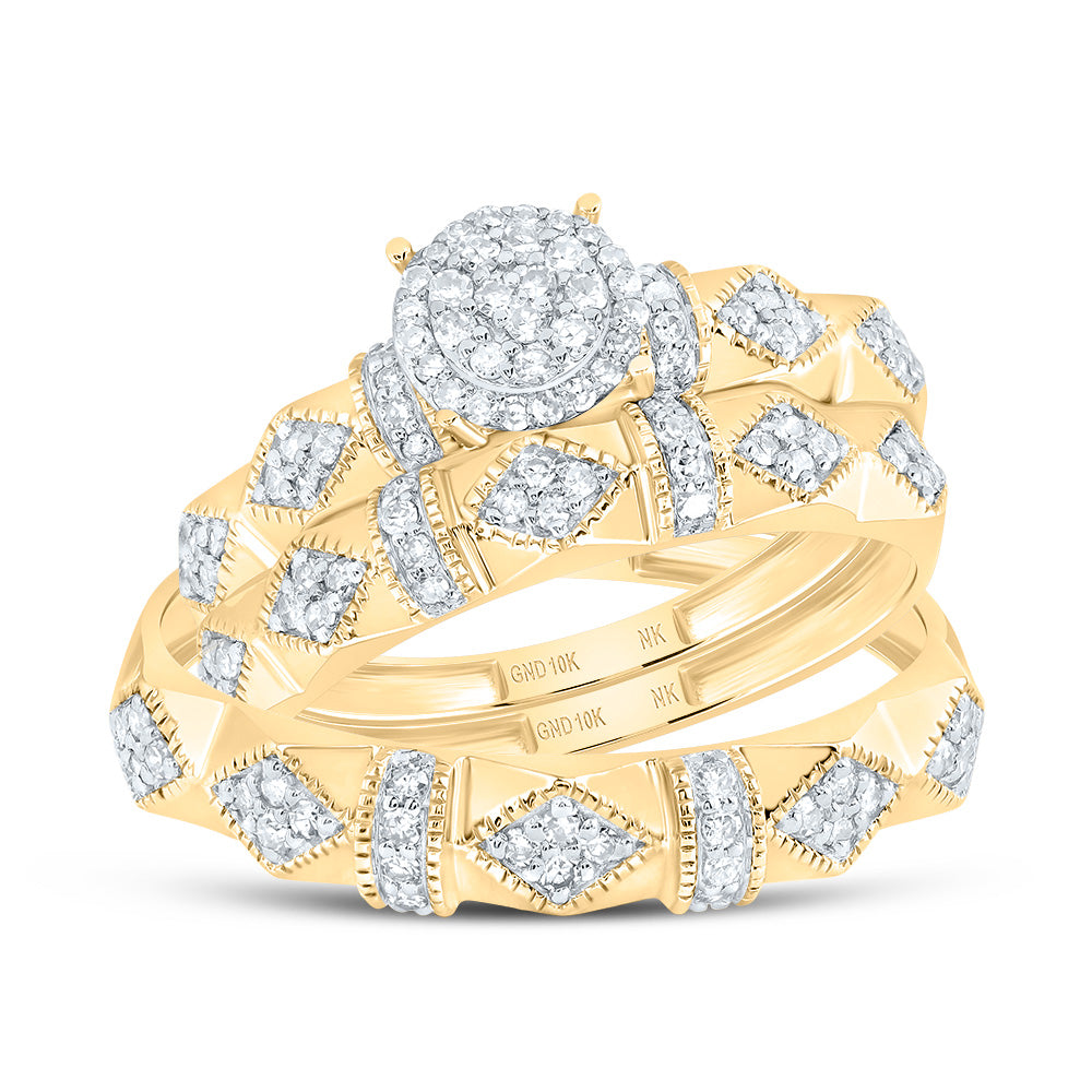 10kt Yellow Gold His & Hers 3/8 Cttw Diamond Round Bridal Wedding Ring Band Set, Women Size: 5-9, Men Size: 8-12