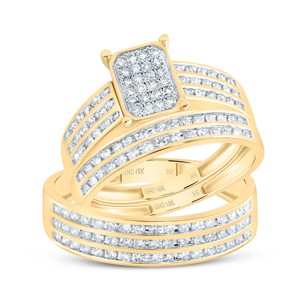 10kt Yellow Gold His & Hers 7/8 Cttw Natural Diamond Emerald Bridal Wedding Ring Band Set, Women Size: 5-9, Men Size: 8-12