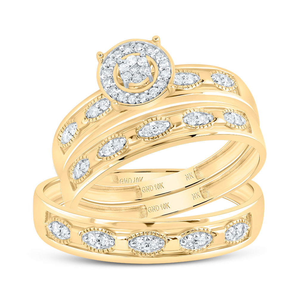 10kt Yellow Gold His & Hers 1/4 Cttw Diamond Round Bridal Wedding Ring Band Set, Women Size: 5-9, Men Size: 8-12