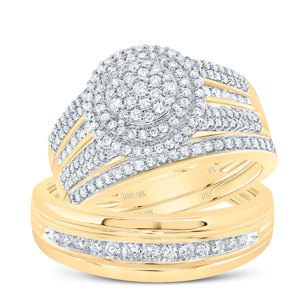 10kt Yellow Gold His & Hers 3/4 Cttw Diamond Round Bridal Wedding Ring Band Set, Women Size: 5-9, Men Size: 8-12