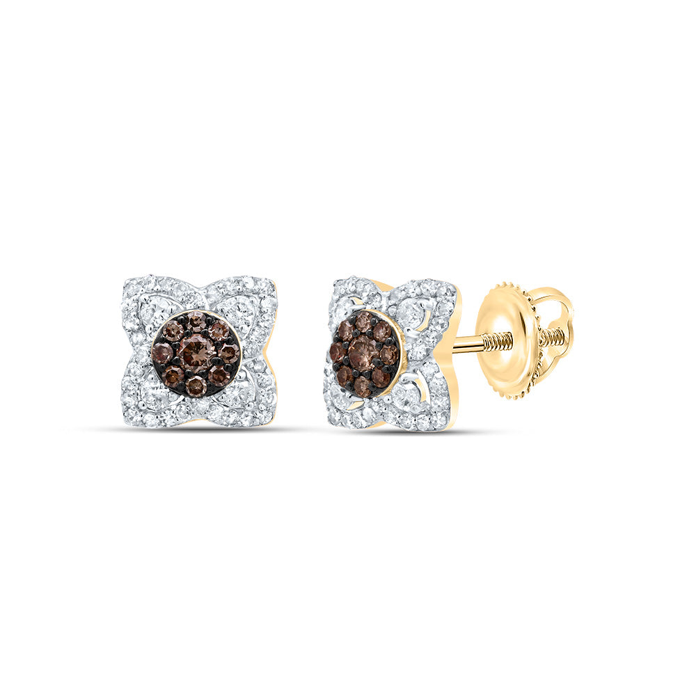 10kt Yellow Gold 1/3 Cttw Diamond Cognac Natural Flower Stud Earring