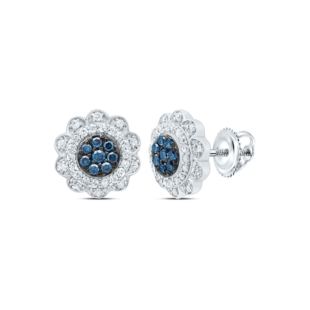 10kt White Gold 3/8 Cttw Diamond Blue Diamond Flower Stud Earring
