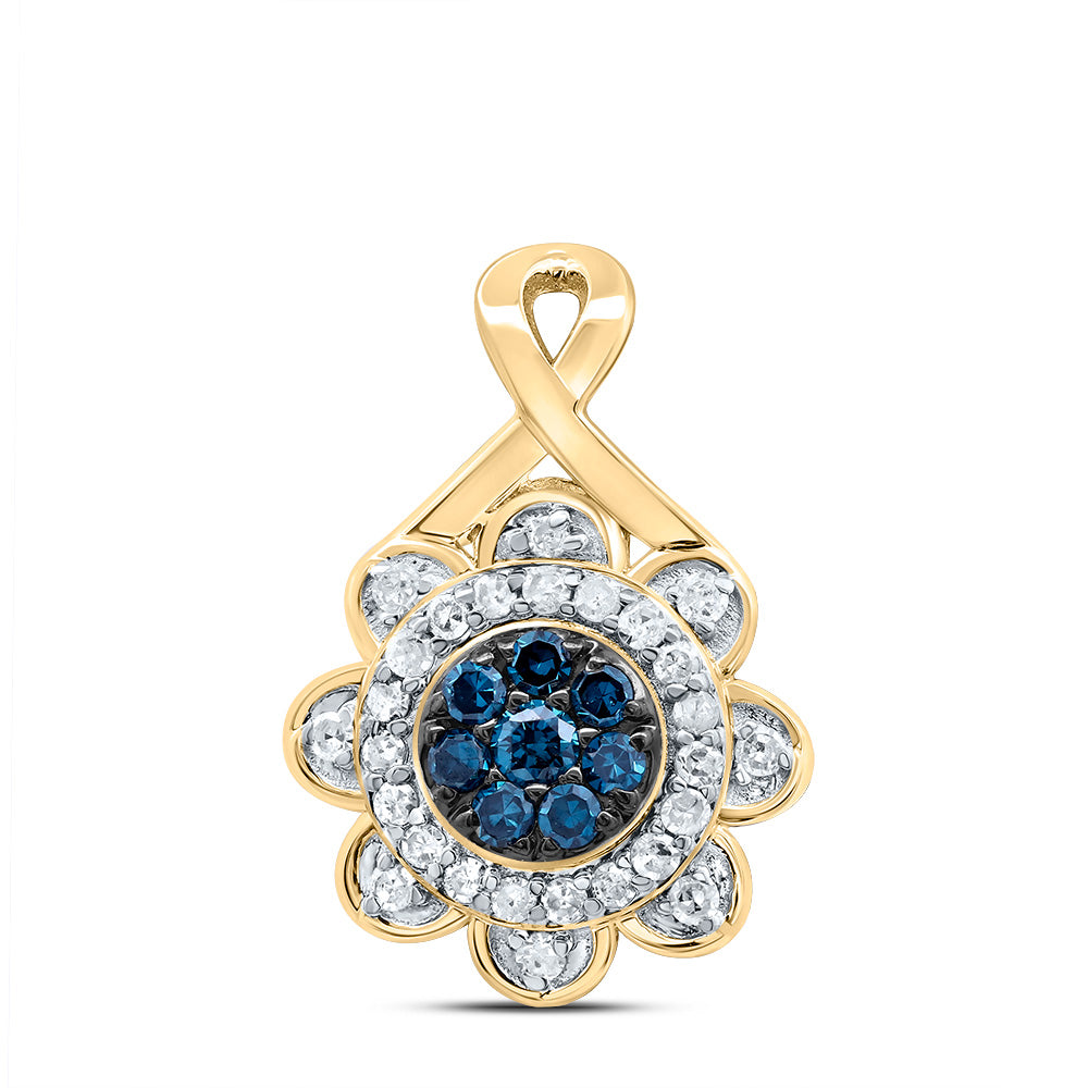 10kt Yellow Gold 1/5 Cttw Diamond Blue Diamond Flower Pendant