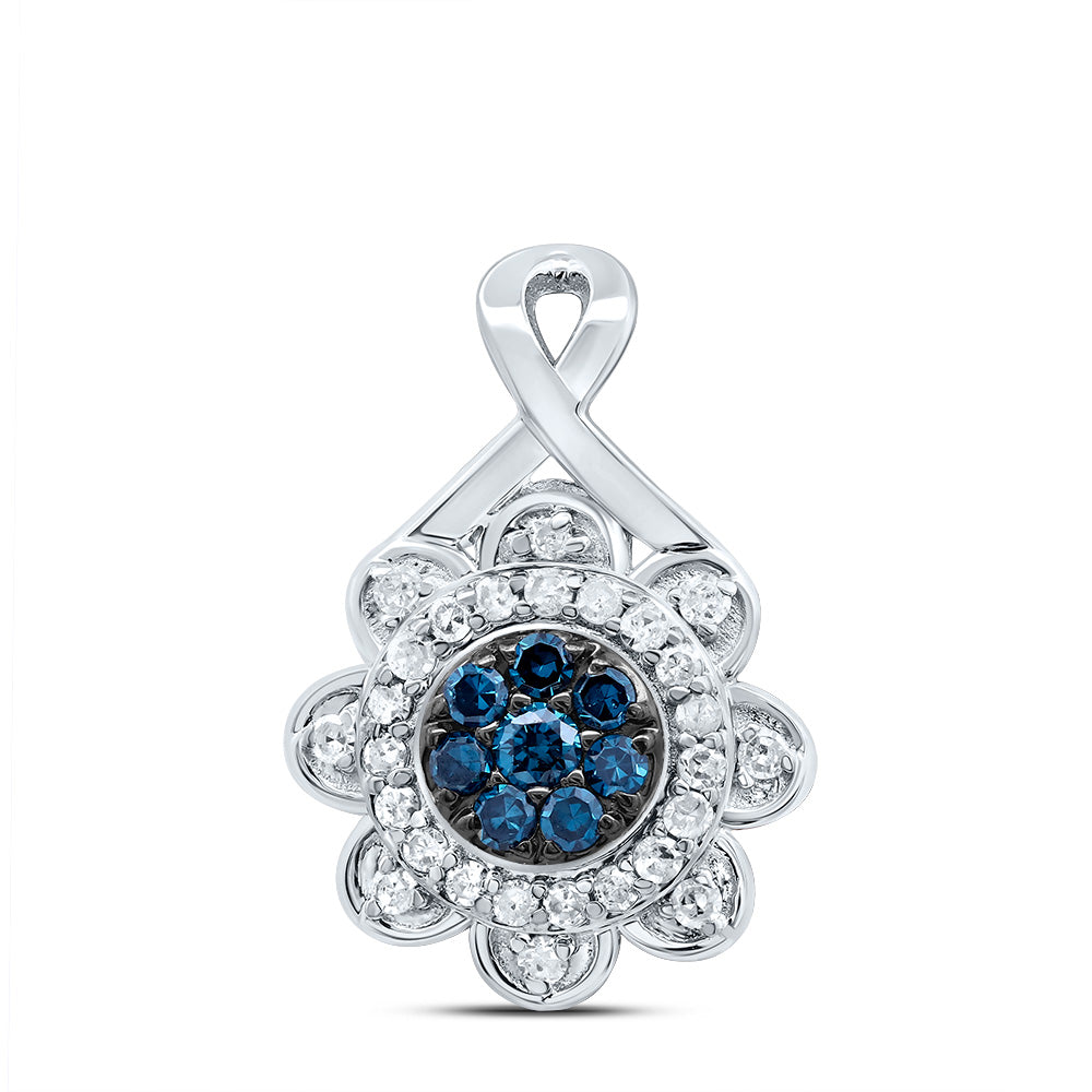 10kt White Gold 1/5 Cttw Diamond Blue Diamond Flower Pendant