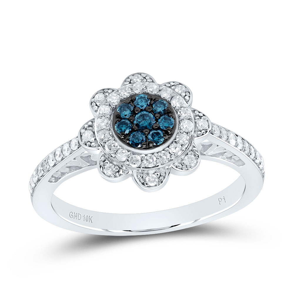 10kt White Gold 3/8 Cttw Diamond Blue Diamond Wedding Engagement Anniversary Flower Ring, Women Size: 5-9