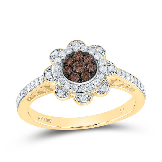 10kt Yellow Gold 3/8 Cttw Diamond Cognac Natural Wedding Engagement Anniversary Flower Ring, Women Size: 5-9