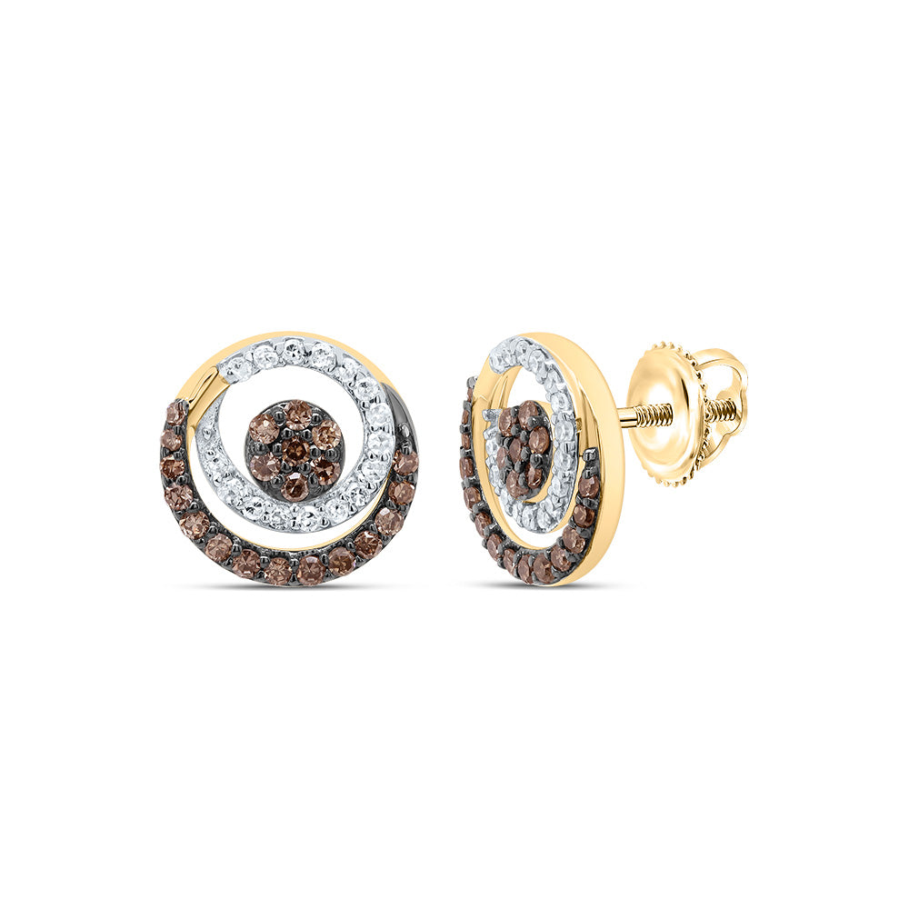10kt Yellow Gold 3/8 Cttw Diamond Cognac Natural Round Stud Earring