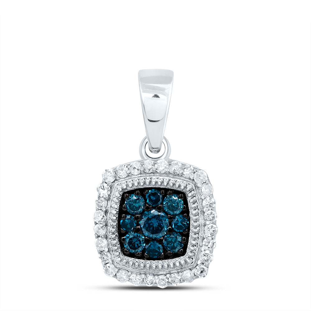 10kt White Gold 1/4 Cttw Diamond Blue Diamond Cushion Pendant
