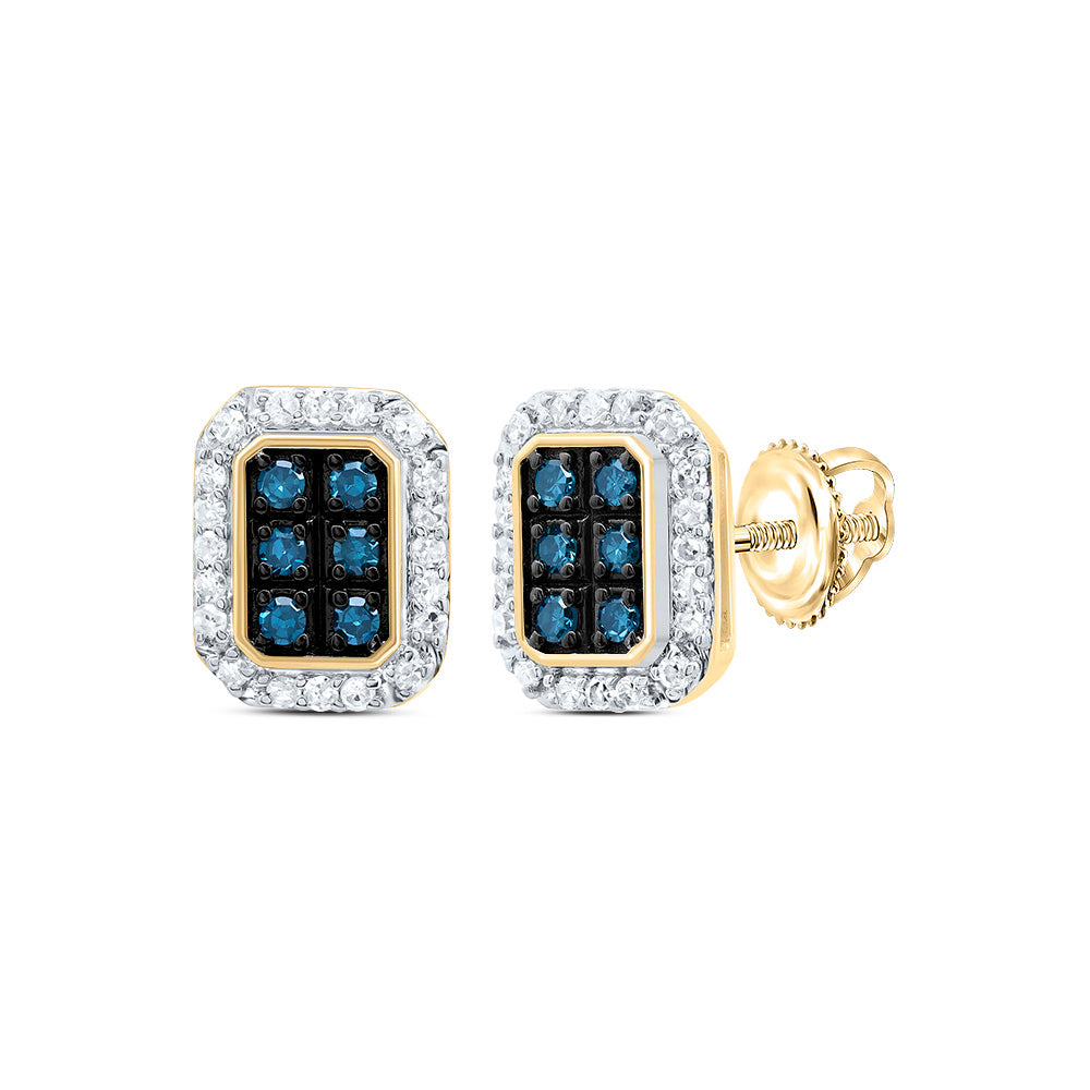 10kt Yellow Gold 1/5 Cttw Diamond Blue Diamond Emerlad Stud Earring