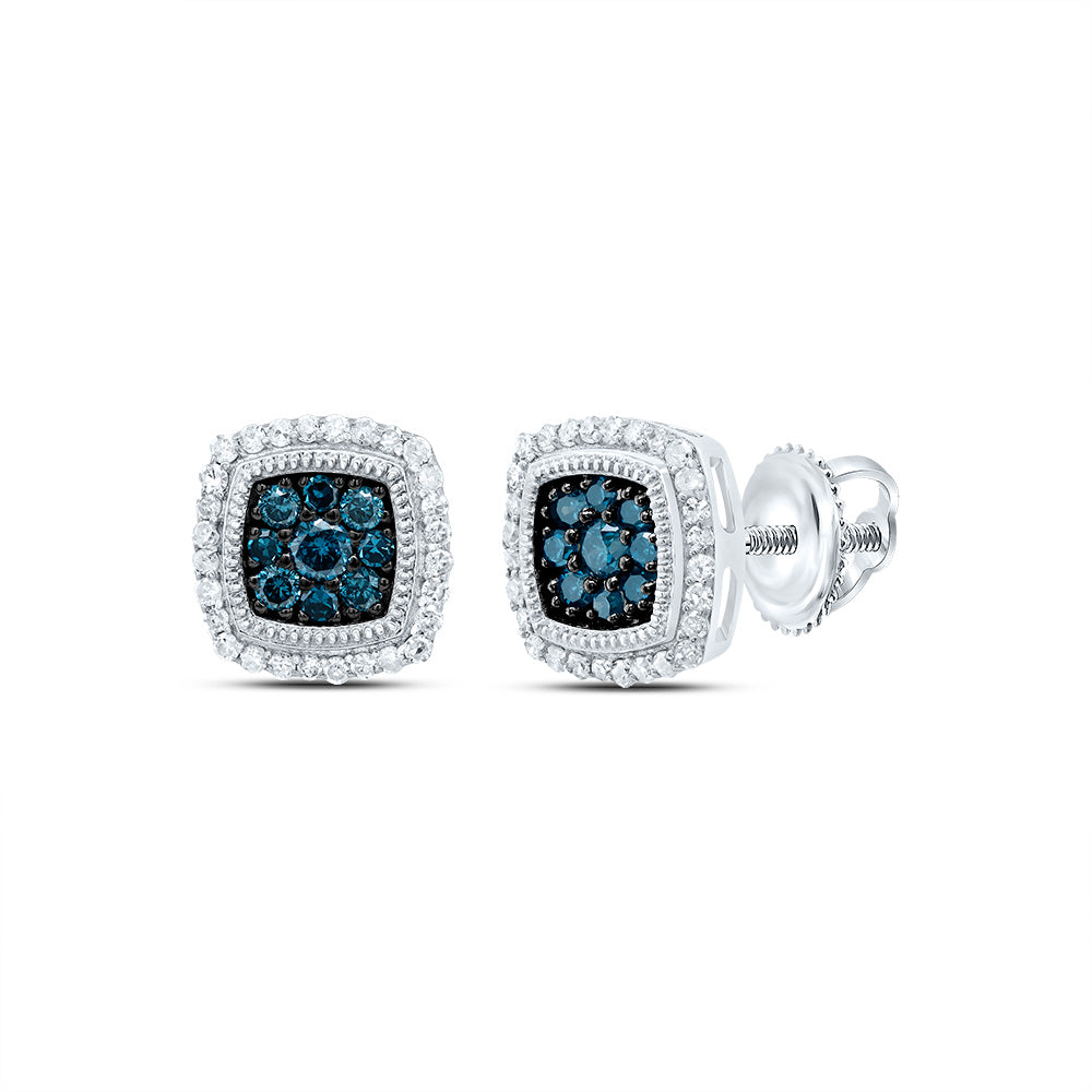 10kt White Gold 1/3 Cttw Diamond Blue Diamond Cushion Stud Earring