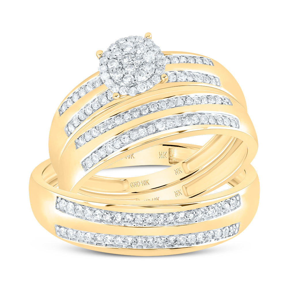 10kt Yellow Gold His & Hers 1/2 Cttw Natural Diamond Round Bridal Wedding Ring Band Set, Women Size: 5-9, Men Size: 8-12