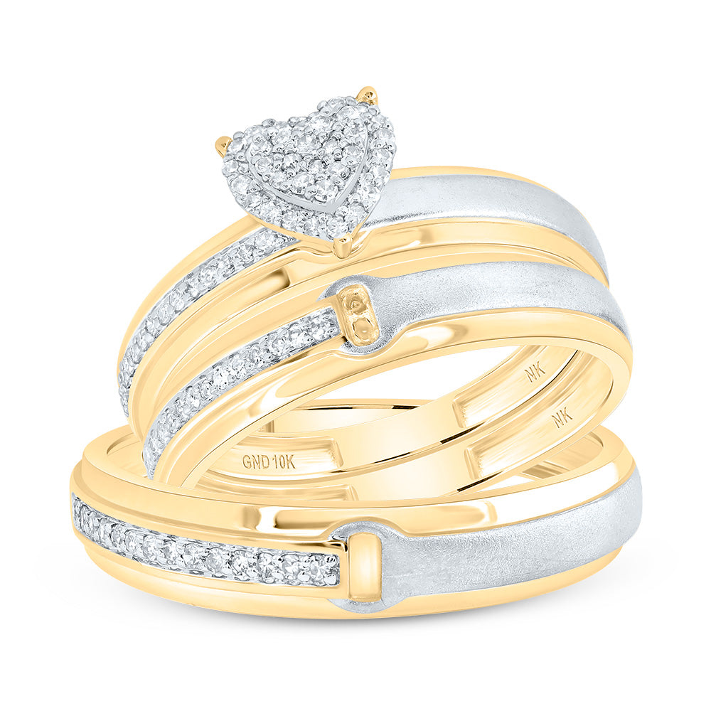 10kt Yellow Gold His & Hers 1/4 Cttw Natural Diamond Heart Bridal Wedding Ring Band Set, Women Size: 5-9, Men Size: 8-12