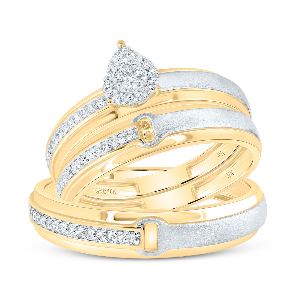 10kt Yellow Gold His & Hers 1/4 Cttw Diamond Pear Bridal Wedding Ring Band Set, Women Size: 5-9, Men Size: 8-12