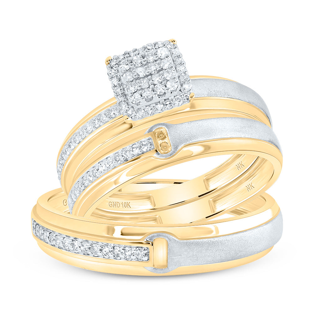 10kt Yellow Gold His & Hers 1/4 Cttw Diamond Cushion Bridal Wedding Ring Band Set, Women Size: 5-9, Men Size: 8-12